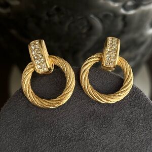 Vintage Christian Dior Door Knocker Braided Gold Hoop Drop 14k Gold Post Earrins